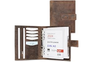 ALMADIH Agenda in pelle A5 Portadocumenti Marrone + Calendario 2024 + Block Notes, Vintage Cartella Portablocco Organizer Porta Documenti Conferenza Anelli Cartellina Organizzatore Carpetta
