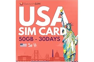 BeachSIM Tarjeta SIM USA 30 días. 50GB de Datos prepago Solo Datos a Velocidad 4G/5G. Recarga fácil y activación rápida. Funciona en Dispositivos iOS y Android.