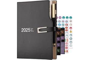 HOLDERZWU Agenda accademica 2025, formato A5, un giorno per pagina, in carta spessa resistente, con adesivi, calendario, passante per penna e penna, 14 x 21,5 cm (nero)