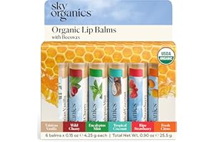 Sky Organics - Ensemble de baumes à lèvres biologiques (paquet de 6) - Cire d'abeille biologique, huiles et extraits botaniques - Vitamine E et arômes naturels biologiques - Coffret cadeau beauté