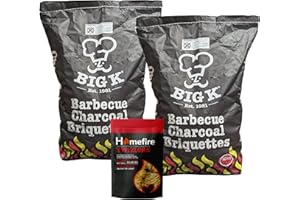 Big K Charcoal BBQ Grill Bundle - Pack of 2 x 10kg Barbecue Charcoal Briquettes Bags & Homefire Twizlers Wood Firelighters 300g with Topline Card for Barbeque Grill, Camping BBQs.