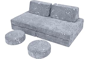 ‎MEMORECOOL MeMoreCool Spielsofa für Kinder, Modulares Sessel Couch für Kuschelecke Kinderzimmer, Schlafsofa, 8-teiliges Sofa Spielset, Schaumstoff Sofa Bed mit Schlaffunktion für Mädchen Jungen, Grau Hund