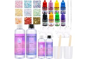 DIBUEUPP Resina Epoxi Transparente,Resina Epoxi Kit 608ml,A:B Relación 1: 1 Endurecedor,Kit Completo Incluyen Purpurina, Colorante, Taza Medidora y Guantes,Ideal para Hacer Joyas, Marcapáginas y Llaver