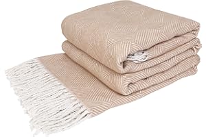 LYHome Koc Bawełniany z Frędzlami i Modny Wzór Kwadraty z Paski: Pled na Łóżko, Narzuta na Kanapę, Sofę, do Salonu, Sypialni i na Prezent. Duzy 140 cm x 200 cm/Beżowy z Białym