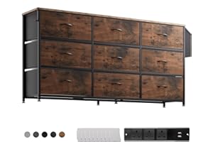 PURFINO Fabric Chest of Drawers - Large TV Stand for 43-65 Inch TVs with 9 Drawers, Label Cards, Side Pocket & Hook, Odor Free Storage Unit for Living Room, Hallway, Bedroom