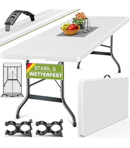BDW klaptafel - zwart - vierkant - met metalen poten en kunststof plaat - voor tuin, camping, barbecue, balkon, buffetcatering - opvouwbaar - koffertafel met draaggreep - ruimtebesparend - 240x75cm