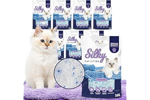 Silikat-Katzenstreu | 30,4L Satz | Hervorragende Geruchskontrolle, Staubfrei, Bakterienhemmend, Weich an den Pfoten, Extrem Saugfähig, Lang Anhaltende Frische, Silica | Silky Silikatstreu - 8er-Pack