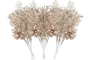 UXORSN 28 Pezzi Ornamenti per Albero di Natale Plettri di Fiori Bacche Artificiali Glitterati Addobbi Albero di Natale Ramoscelli di Natale per Decorazione Dell'albero di Natale Vaso Regalo,Champagne