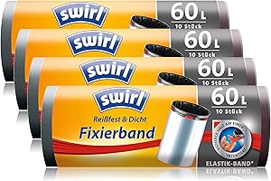 Swirl Fixierband-Müllbeutel, 60 Liter, 4 Rollen mit je 10 Beuteln, Anthrazit