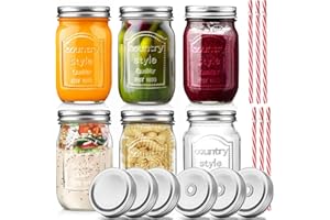 Masthome Juego de Tarros Mason de 6 Piezas, Vasos con Tapa y Pajitas, Tarros Mason Transparentes Herméticos de 16 oz, Adecuado para Fiestas, Regalos, Bebidas, Almacenamiento Uso