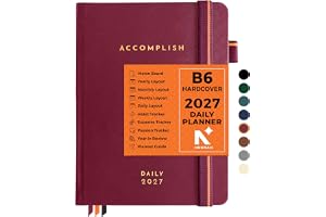 NEORAH — B6 2027 DAILY DATED Planner ACCOMPLISH-512 Pages of Yearly•12 Month•52Weeks+24Hour•365 Daily Pages Layouts•Budget•Habit Tracker - Productivity diary - Hardcover[Pen Loop Attachable](RHUBARB)