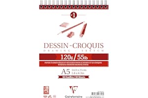 Clairefontaine 96616C Blocco Spirale lato corto Carta Schizzi - 50 Fogli Carta da Disegno Bianca Grana molto leggera - A5 14,8x21cm 120g - Ideale per Disegno e Schizzi a Matita Pennarello Carboncino