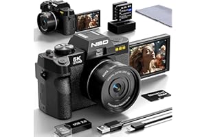 NBD Appareil Photo Numérique 5K 64MP avec autofocus, Zoom numérique 16x, Vidéo 5K/30fps + 4K/60fps, Écran IPS 3" 180°, Carte 32GB + 2 Batteries（Noir）