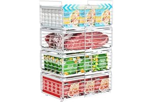 iSPECLE Chest Freezer Baskets - Expandable Fit 283 to 566L Deep Freezer, 4 Pack Large Stackable Wire Basket Add Space Easily Get Frozen Foods with Handles, Allow Air Circulation, White