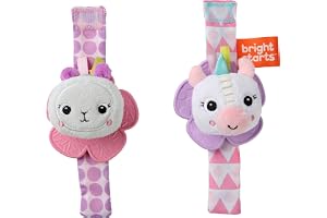 Bright Starts skallra och Teethe BPA-fria handledskompisar babyleksak, enhörning & lama, ålder nyfödd +