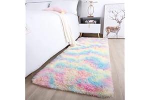 ROHATIM Teppich Flur 80 x 150 cm Regenbogen Waschbar Rutschfester Hochflorteppich Schlafzimmer Kinderzimmer Flauschiger Teppiche