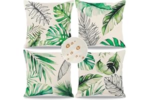 Betylifoy Outdoor Cushion Covers Waterproof Set of 4 18x18 Inch Garden Summer Cushion Cover Decorative Throw Pillow Covers Tropical Leaves Cushion Cases for Sofa Couch Patio (Green Leaves, 18x18in)