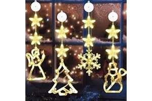 VEEKAY 4er Set LED Weihnachtsbeleuchtung, Weihnachten Lichter,8 x LED Stern +4 x LED Weihnachtselemente,Warmweiß Lichtervorhang mit Saugnäpfe,Timer,Batteriebetrieben,für Weihnachtsdeko