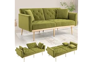 SUPPNEED Sofá de terciopelo, sofá con mechones Loveseat, convertible en futón, sofá reclinable, sofá acento, patas de metal doradas, 2 cojines de sofá, modernos sofás para casa, salón, dormitorio