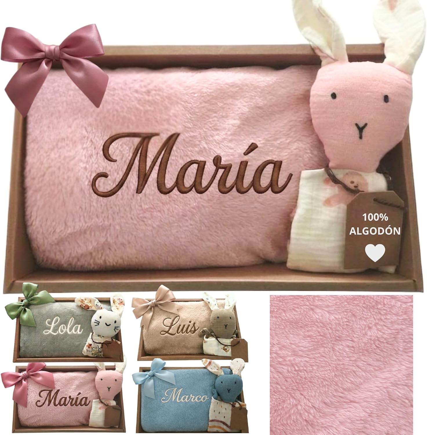 Dalvitas Manta Bebé Personalizada Nombre Bordado + Dou-Dou 100% Algodón - Fina y Ligera para Verano. Regalo Recién Nacido Niño Niña - Manta Suave y Peluche - Regalo Padres y Mamás Primerizas (Rosa)