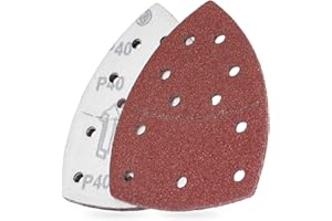 YoiYee 40 Grit Coarse Sanding Sheet Set, Mouse Detail Sander Sandpaper, Delta Triangular Sand Paper Pad, Hook and Loop Fastening, 11 Holes, Accessories for Multi-Sander, Red, 10 Pack