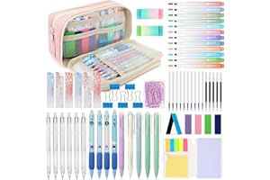 ESSALOO Pencil Case with Stationery Included, 63Pcs School Stationery Set with 12 Highlighters, 6 Mechanical Pencils, 5 Gel Pens & 4 Erasable Pens, School Stationary Supplies & Pencil Case Set, Pink