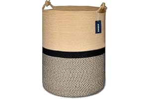 COMSE Extra Large Blanket Basket, Tall Woven Storage Basket, Nursery Hamper, 40 x 55 CM, Cotton Rope Laundry Hamper for Toys Clothes Towels, Blend Brown/Black