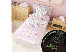 ‎CARPE SONNO Carpe Sonno Kinderbettwäsche 135x200 Rosa + 10 Spiele - Leuchtende Kinder Bettwäsche Glow in The Dark - Blumen Bettwäsche 135x200 Baumwolle - Mädchen Bettwäsche leuchtet im Dunkeln