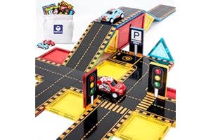 hahaland Costruzione Magnetiche Bambini, Tessere Magnetiche Costruzione Bambino 64 pezzi, Blocchi Magnetici Strada Città con 2 Macchinine, Giochi Bimbo 3 4 5 6 7 8 anni