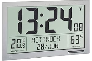 TFA Dostmann Funk 60.4517.54 Orologio da parete XXL, con temperatura, umidità, schermo grande, facile da leggere, colore: argento, 368 x 29 x 230 mm