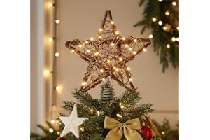 ‎ANSTORE Anstore Weihnachtsbaumspitzen Stern, Rustikale Rattan Stern 30x25x5cm Christbaumspitze Beleuchtet, Natürliche Holzbaumstern mit 50 LED Lichter Weihnachtsbaumschmuck Spitze für Weihnachtsbaumdekoration
