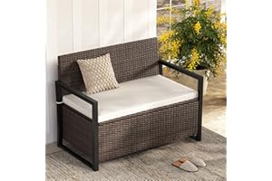 SFAREST 117cm Garden Storage Bench, 2 Person PE Rattan Deck Storage Box with Padded Cushion and Protective Liner, Outdoor Metal Frame Wicker Loveseat Park Chair Seat for Balcony Poolside (Mix Brown)