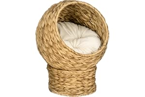 PawHut Panier Chat lit surélevé Chat Cosy Niche Grotte à Chat Grand Confort dim. 42L x 33l x 52H cm Coussin Moelleux Beige Inclus