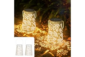 JOYCREATOR Latarnie solarne do użytku na zewnątrz, klasa wodoszczelności IP65, metalowe, wiszące/stojące, do użytku na zewnątrz, do ogrodu, na podwórko, taras, ścieżkę, balkon, prezent (białe)