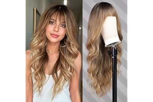 WOKESTAR Long Golden Brown Wigs for Women Synthetic Hair Wavy Wig with Fringe