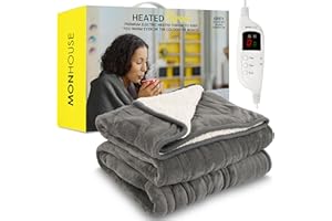 MONHOUSE Heated Throw - Electric Blanket - Digital Controller - Timer up to 9 hours, 9 Heat Settings, Auto Shutoff - Machine Washable - Double 150X200cm - GREY SHEARLING