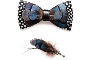 JEMYGINS Handmade Feather Pre-tied Bow tie and Brooch Sets for Men