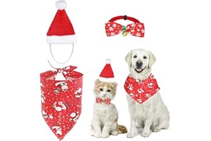 MELLIEX 3 Stück Weihnachten Katzenkostüm Hundekostüm mit Weihnachtsmütze Fliege Halsband Halstuch, Hunde Katzen Kostüm Zubehör Set