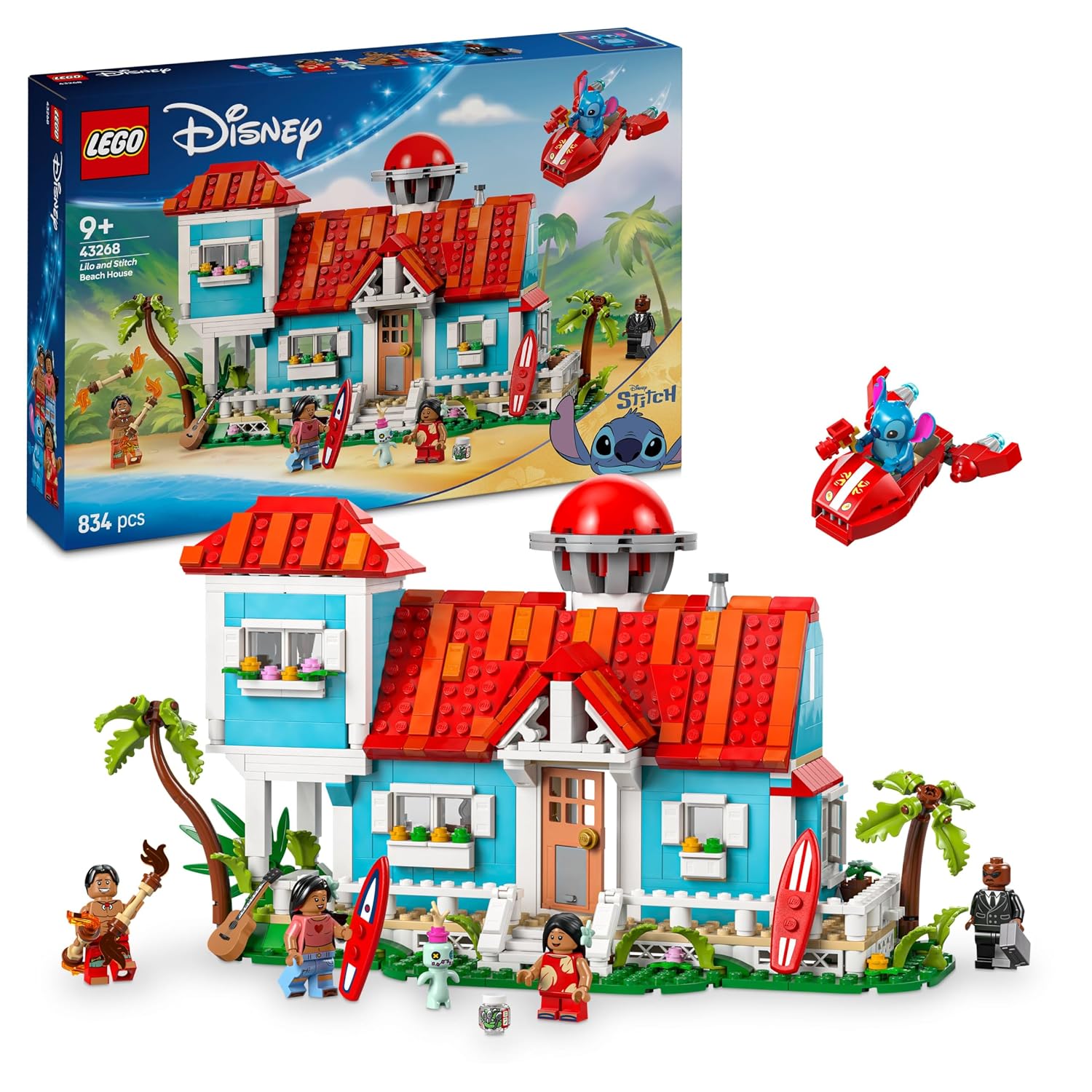LEGO | Disney Lilo en Stitch Strandhuis – Bouwpakket met 6 Kamers, Dakterras met Sterrenwacht, Ruimteschip en 5 Minifiguren – Verjaardagscadeau voor Meisjes, Jongens en Fans vanaf 9 Jaar – 43268