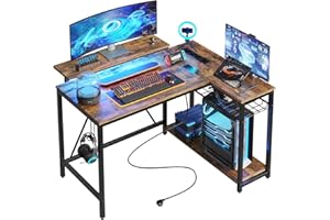 ‎BESTIER Bestier Eckschreibtisch mit USB-Ladeanschluss und Steckdose, 106 cm Gaming Tisch L Form, Kleiner Schreibtisch mit Regal & Monitorständer, Links und rechts tauschen, für Büro, Schlafraum, Braun
