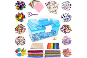 OBQO Obo 1800+ Pcs Kid Craft Box Kit, Toddler Arts & Crafts - Pom Poms, Pipe Cleaners, Feathers, Folding Box - All-in-One DIY Craft Set (Blue)