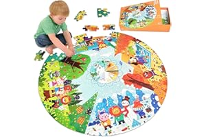 Kulveanju Floor Jigsaw Puzzles for Kids 3 4 5 6 7 8 Year Olds, 88 PCS Large Four Seasons Forest Animal Puzzle Round, 53x53cm Kids Jigsaw, Educational Toys for Toddlers Boys & Girls