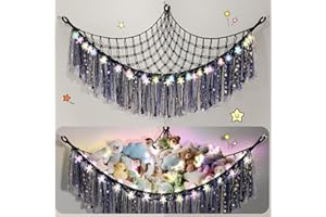 Lunriwis Kuscheltier Aufbewahrung Netz mit LED-Leuchten, Boho Makramee Spielzeug kinderzimmer deko, StofftieStofftier Aufbewahrungstasche Hängematte Aufbewahrung Kuscheltiere Schwarz