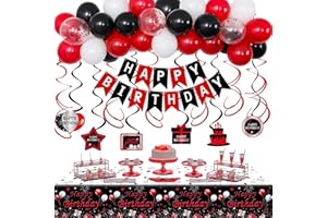 FUWANE Red and Black Birthday Decorations for Boys Men, Happy Birthday Party Decorations for Women Girls Birthday Balloons Banner Tablecloth Hanging Swirls Decor Red Balloon Arch Bady Party Supplies