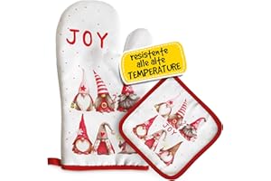 EVENUE Set Guanto Forno e Presina Natalizia, Idee Regalo Natale Donna, Mamma e Nonna, Utili ed Originali per la Casa e Cucina, Personalizzati Con Illustrazione Originale Joy con Elfi