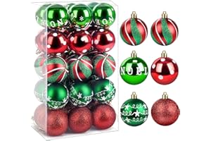 ilauke Zestaw bombek choinkowych z tworzywa sztucznego, 30 sztuk, 6 cm, bombki choinkowe, dekoracja bożonarodzeniowa z zawieszką, nietłukące się, bombki choinkowe, kolor czerwony, szary