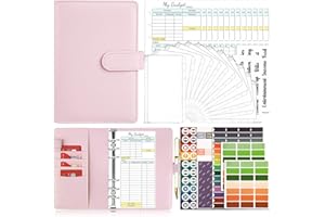 Onlyesh 31PCS Raccoglitore Documenti A6, 6 Fori Pelle PU Budget Planner con 12 Buste Trasparenti, Fogli di Budget & Etichette Adesive, Baby Pink