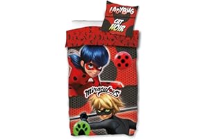 BERONAGE Miraculous Ladybug Children's Bed Linen Duo Red 135 x 200 cm + 80 x 80 cm 100% Cotton Renforcé Linen Quality Lady Bug Marinette Dupain-Cheng Adrien Cat Noir Paris Tikki Plag German Size 053-B