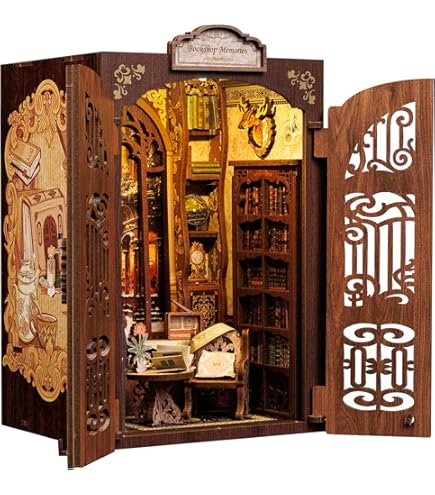DIY Book Nook Kit - 3D Miniature Dollhouse Bookshelf Insert With LED Lights, Wooden Puzzle Model For Adults & Teens