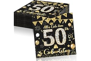 VOXISROMA 50 Geburtstagsdeko Servietten,Schwarz Gold Papier Party Servietten Tischdeko Für 50. Geburtstag Mann Frau,40 Stück Happy Birthday Servietten Decorations 33x33cm